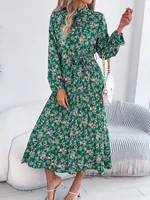 Floral Stand Up Collar Bridesmaid Dress 2026 Spring Summer Elegant Long Sleeve Waist Cinched Pleated Dresses Valentine's Day - Image 4
