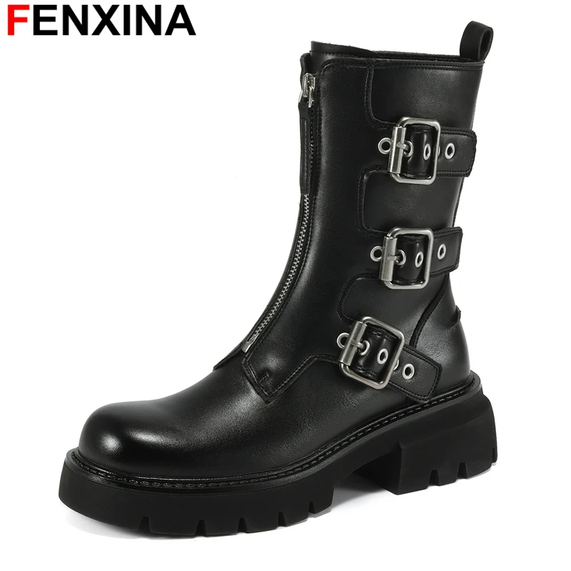 

Женские ботинки из натуральной кожи FENXINA, коричневые и черные мотоциклетные ботинки ручной работы на среднем квадратном каблуке, с пряжкой, зима 2024