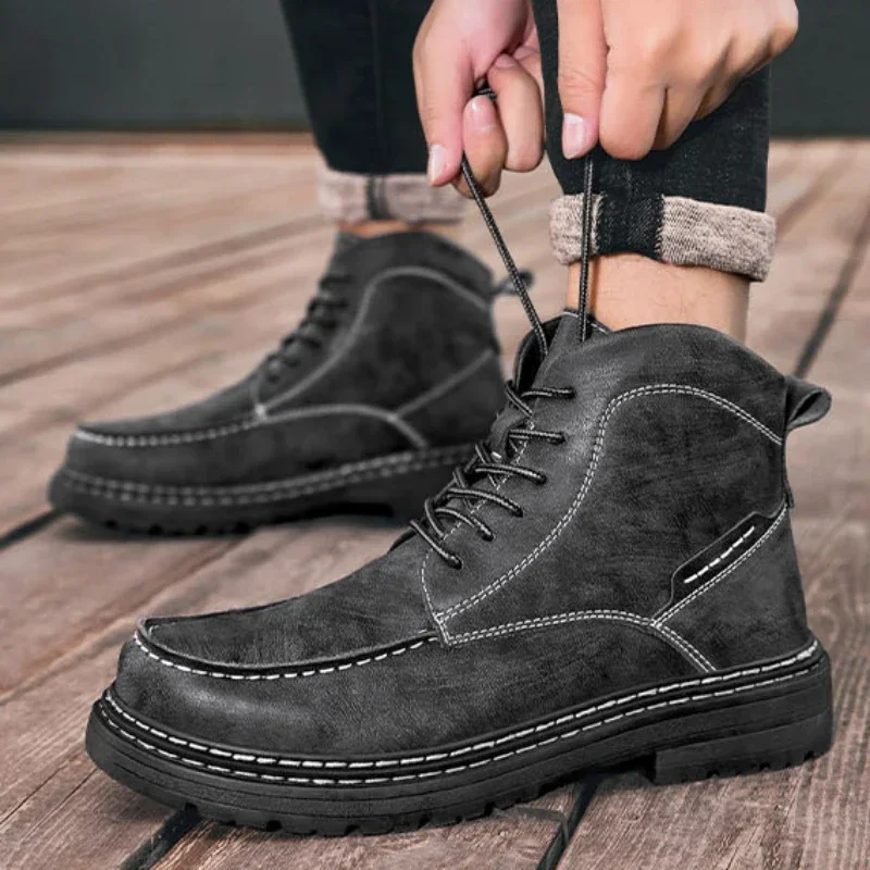 

Мужская обувь 2023, высококачественные мужские ботинки на шнуровке, зимние однотонные хлопковые теплые короткие ботинки с круглым носком, водонепроницаемые ботинки на низком каблуке