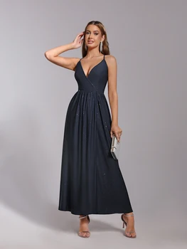 فستان سهرة أنيق باللون الأزرق الداكن مع فتحة ولامعة - فستان رسمي مثير برقبة على شكل حرف V مع فتحة، فستان حفلة موسيقية طويل لامع للنساء 5