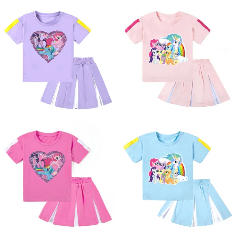 

My Little Pony cute cartoon Applejack Rainbow Dash children's suit girls summer new casual short-sleeved skirt two-piece set