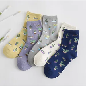 New Cactus Print Women Middle Tube Socks Autumn Spring Soft Cotton Short Socks For Girls Casual Harajuku Sports Sock Sokken