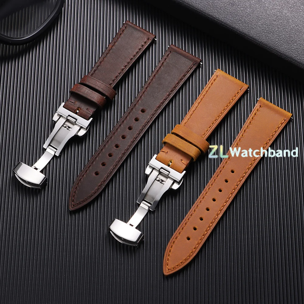 Premium Leather Watch Band with Butterfly Clasp - Quick Release Wristband in Black or Brown