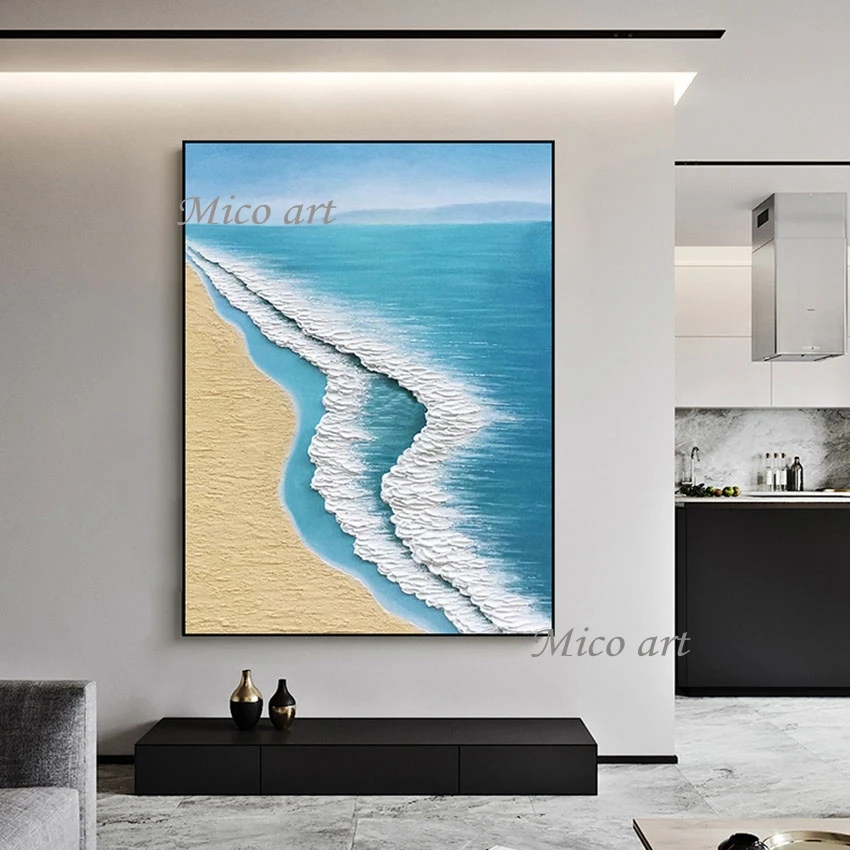 

Heavy Thick Acrylic Texture Picture Art Canvas Roll Modern Home Decor Abstract Painting Unframed Coastline Sea Wave Painting