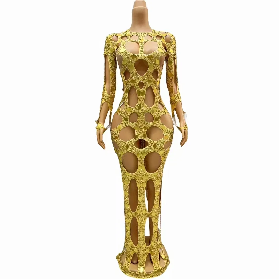 

Women Celebrity Singer Sexy Hollow Out Gold Mirror Crystals Long Dress Evening Party Catwalk Costume Stage Concert Performance