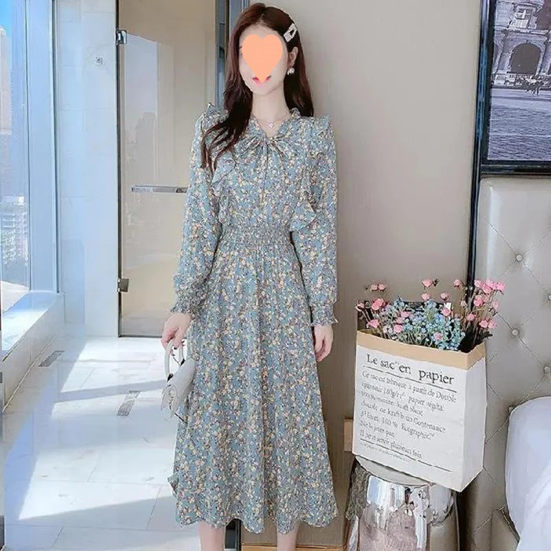 

French Style Floral dress Women's 2024 Spring Autumn New Arrival Bow Party Dresses Y2K Casual Korean Waisted Long dress Female