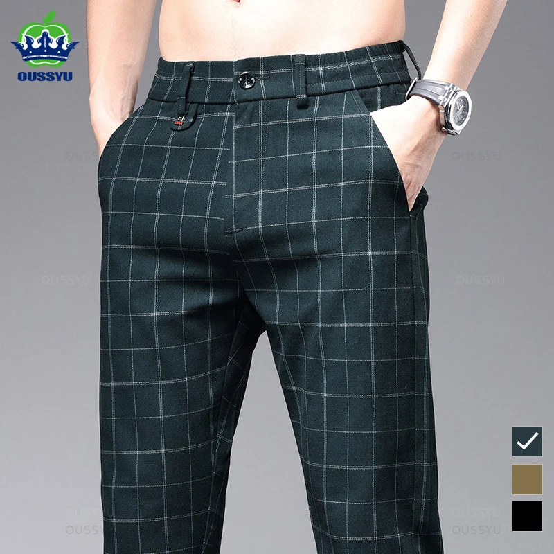 

Spring Summer High-Quality Classics Plaid Work Stretch Pants Men Business Fashion Grey Green Party Retro Casual Trousers Male