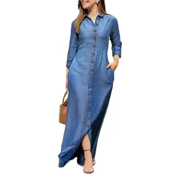 Women Long Denim Blouse Dress Summer Female Turn Down Collar Long Sleeve Button Loose Maxi Beachwear Dresses JYFS-5542 1