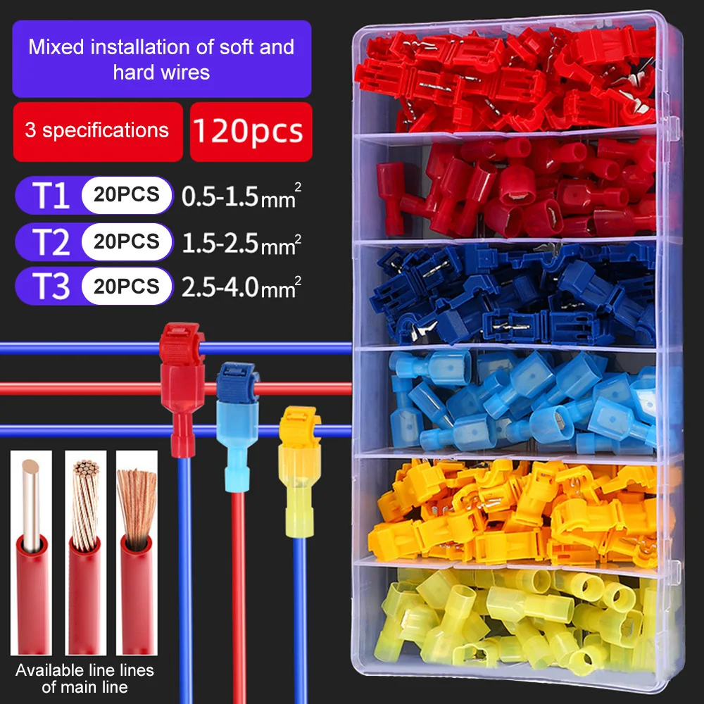 120PCS Boxed T-type Crimp Terminal Wire Connection Clip Quick Peel-Free Insulated Electrical Connector Plug-in Wire Terminal