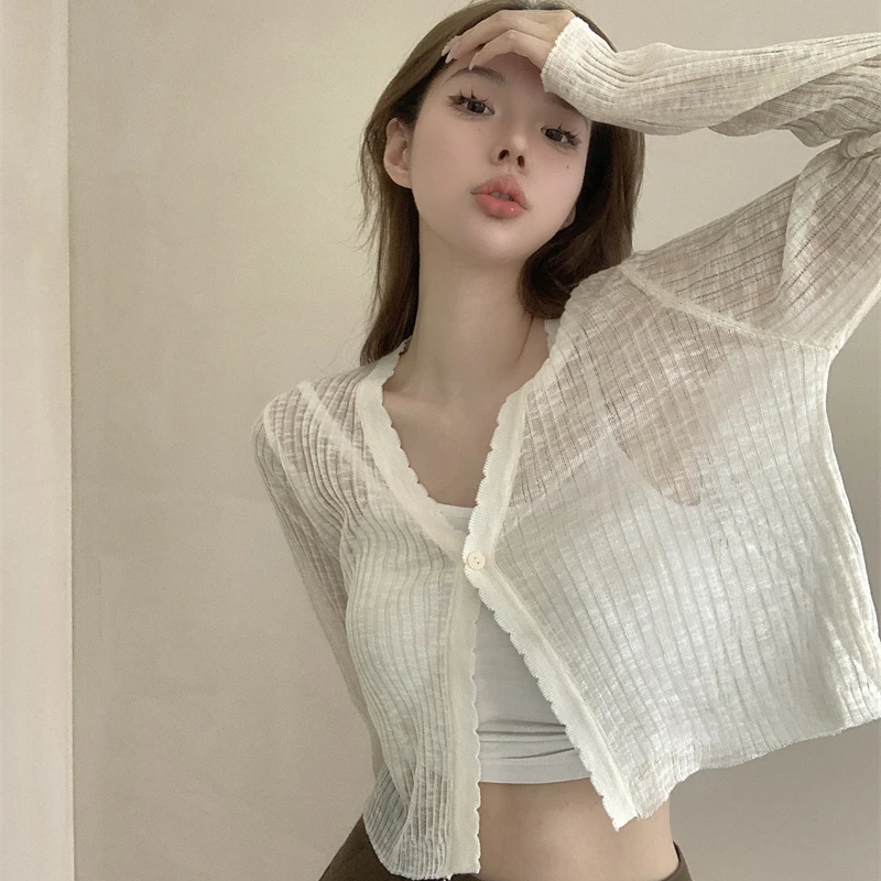 

Woman Cardigan Summer Thin V-neck Solid Color Long Sleeved Womens Cardigan Korean Fashion Casual Sun Protection Y2K Korean Shirt