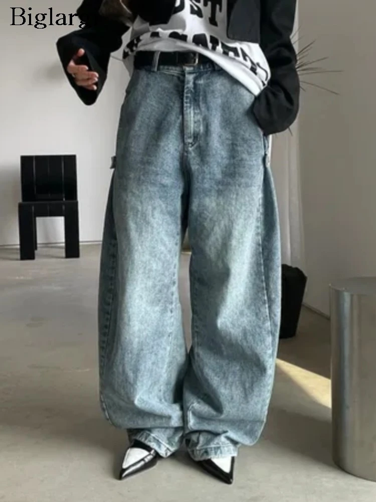 

Джинсы с высокой талией, длинные широкие брюки, женские свободные плиссированные модные Асимметричные женские брюки, повседневные женские брюки в Корейском стиле