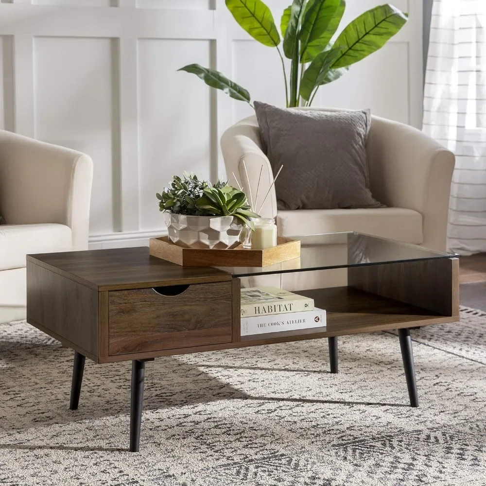 42 Inch Table Glass and Dark Walnut Dolce Gusto Montclair Mid Century Modern Two Toned 1 Drawer Coffee Table Mesa Lateral Tables 2