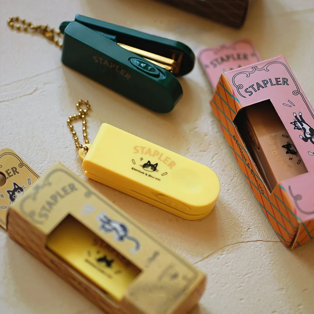 빈티지 고양이 미니 스테이플러 세트 레트로 휴대용 1000개 스테이플 제거기 포함 저널 사무실 학교 문구용 F7983