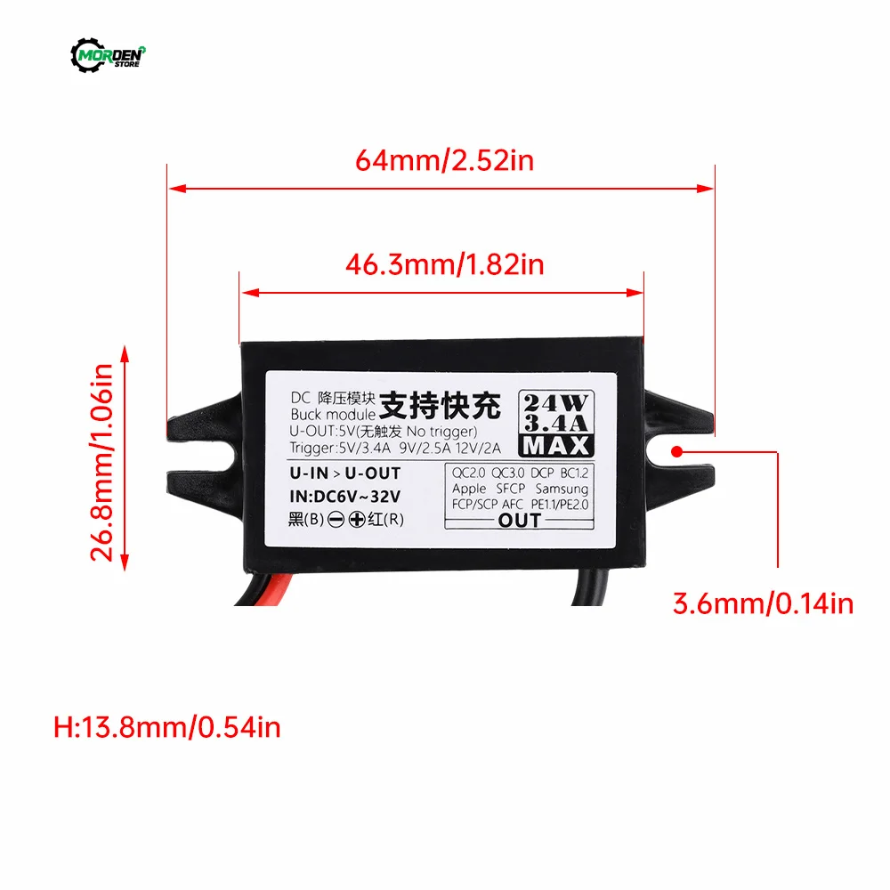 컨버터 DC-DC 스텝 다운 모듈 전원 어댑터, C타입 와이어 커넥터 인터페이스, 24W, 12V-5V