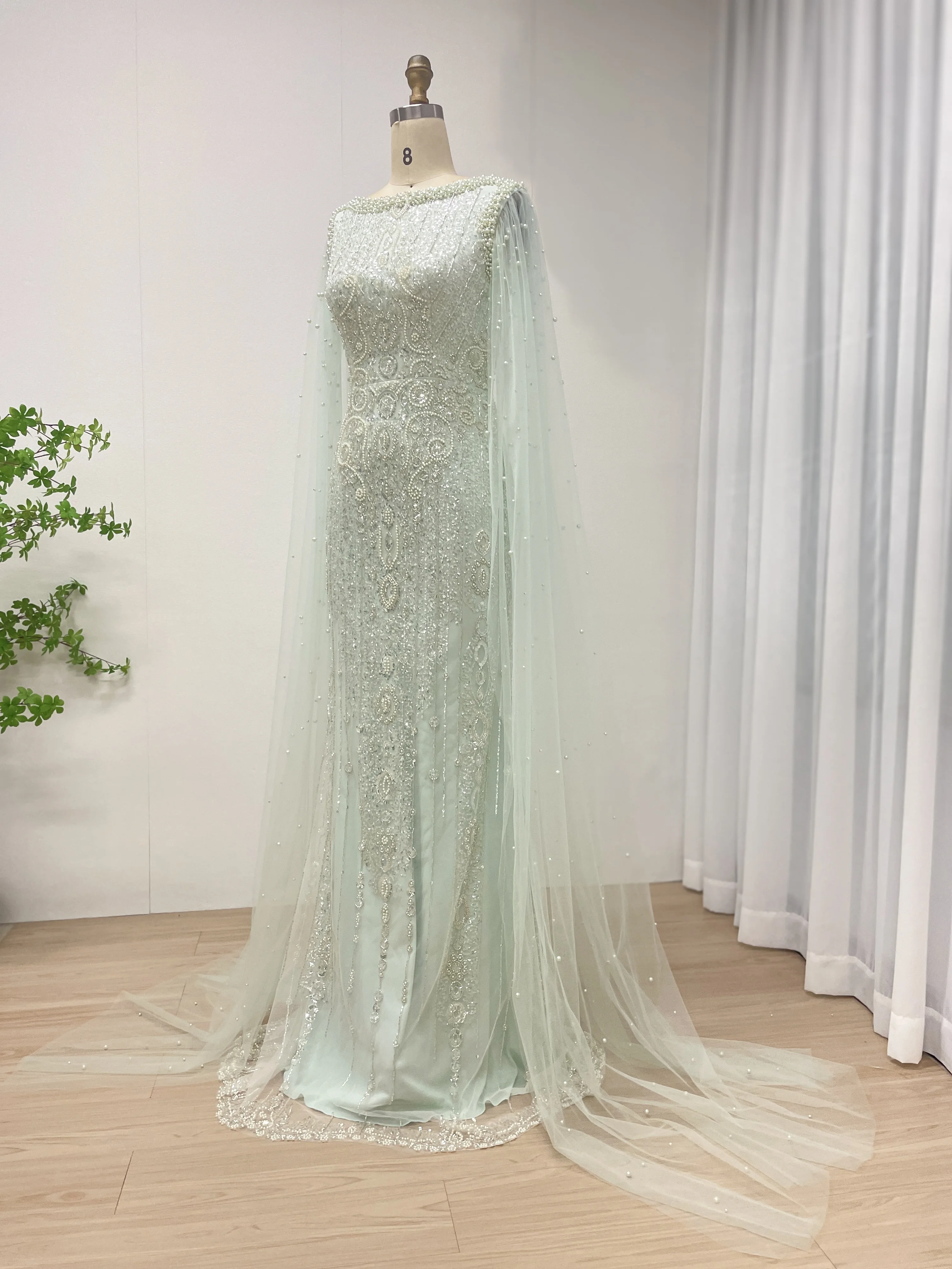 MYMB Luxus Dubai Weiß Nude Meerjungfrau Abendkleid Mit Cape Sleeve Für Frauen Hochzeit Braut Arabisch Braut Party Kleider MB40369 – Detail 16