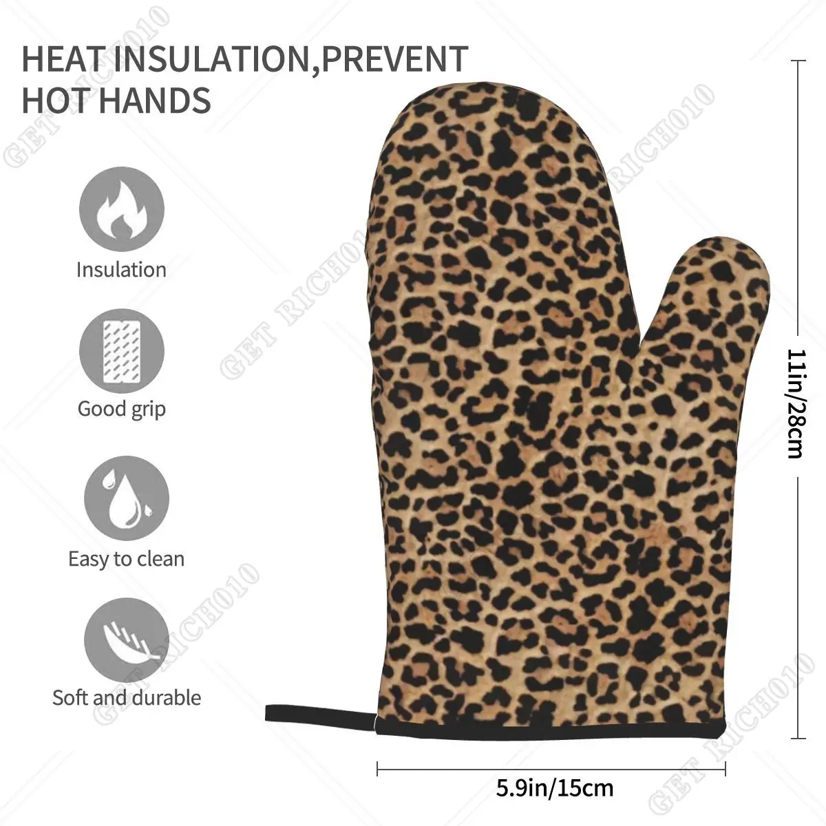 Animal Print Leopard Brown Set of 2 Baking BBQ Heat Resistant Cooking Oven Gloves Microwave Kicthen Accessories