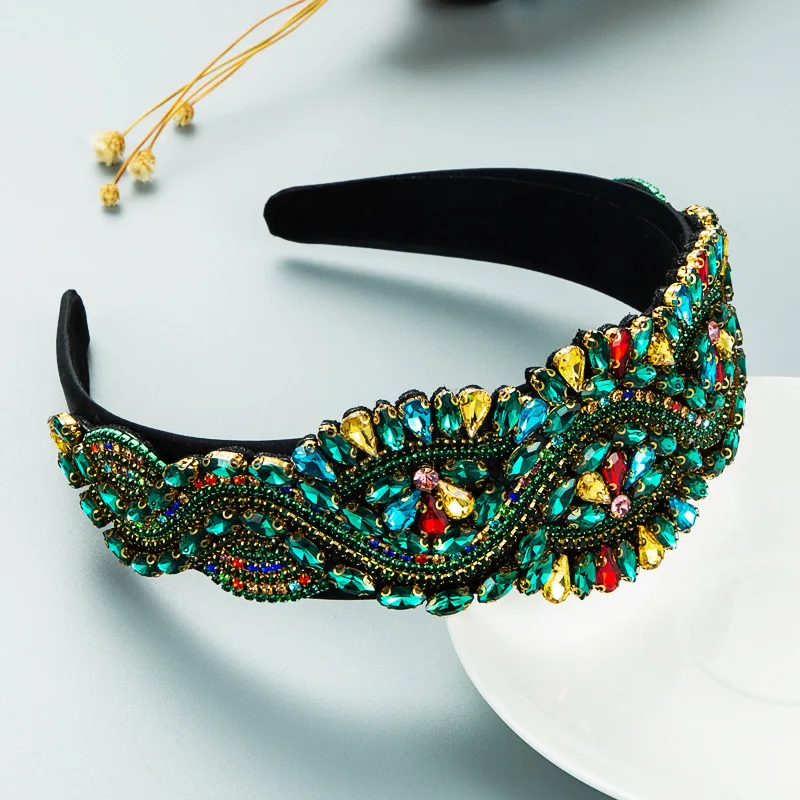 Fascia Per Capelli Larga Con Strass E Cristalli - Morbida E Ispessita - Grigio Scuro - Accessorio Barocco Donna