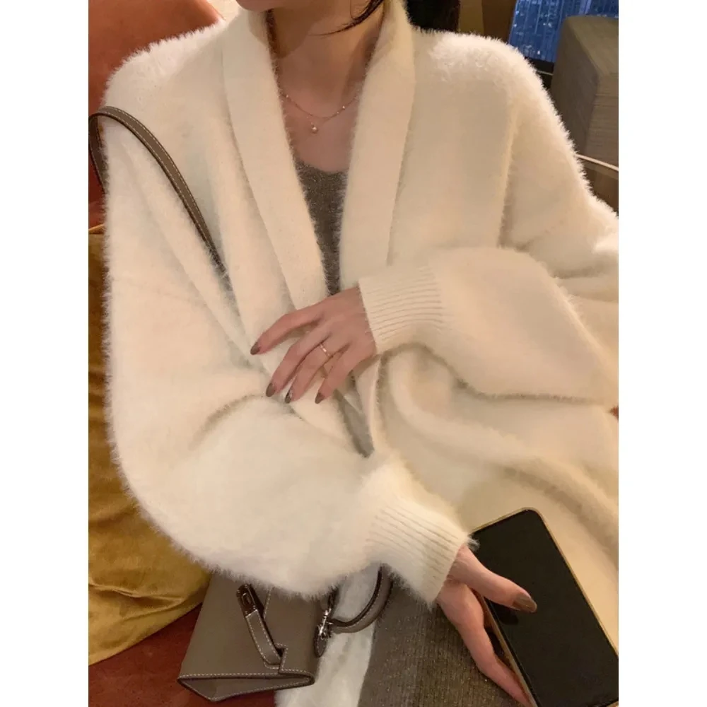 여성용 인조 밍크 캐시미어 가디건, 가을 겨울 의류, 부드럽고 느슨한 레이지 롱 코트, 두껍고 따뜻한 니트 스웨터, 겉옷