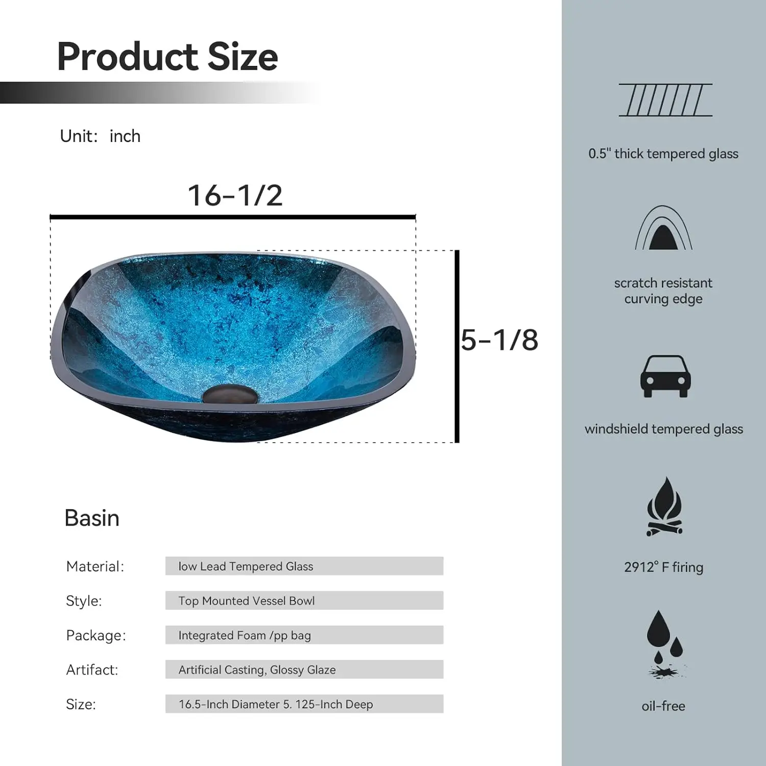 Bathroom Vessel Sink,Bowl Vessel Sink with Faucet and Drain Combo,Blue Tempered Glass Vessel Sink for Bathroom 4