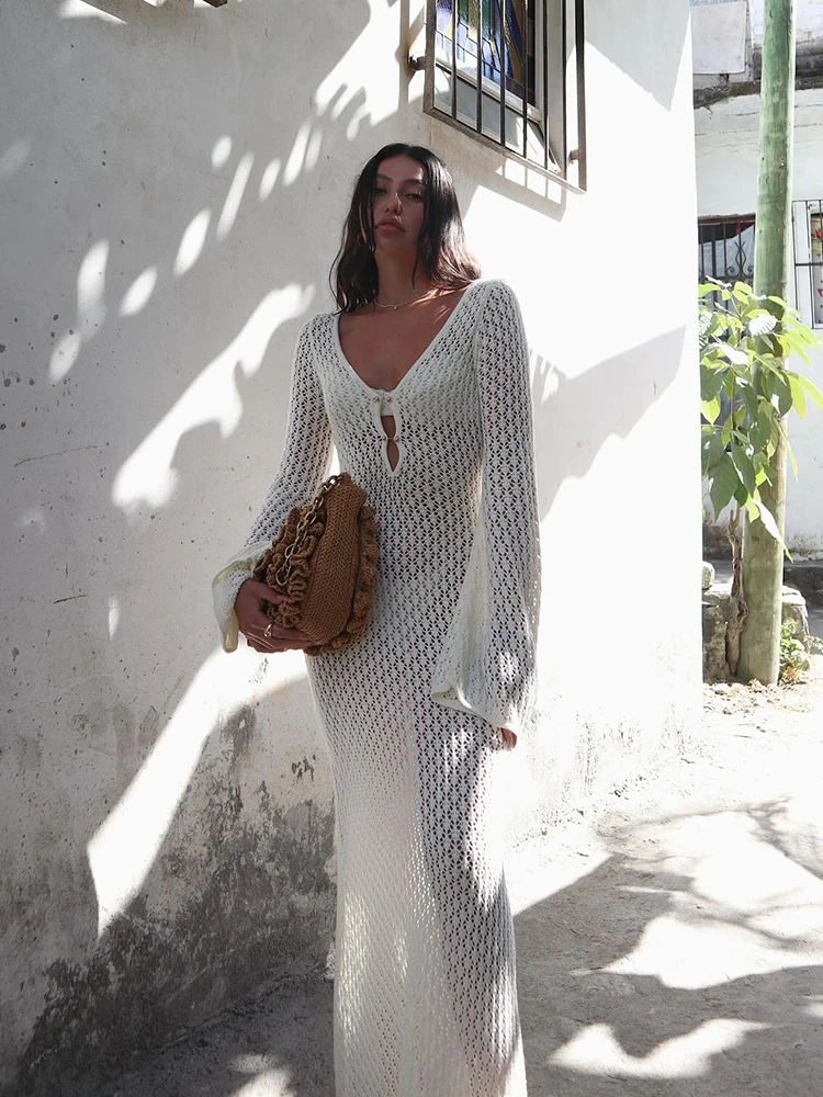 Women's Openwork Knitted Long Dresses 2024 Summer Beach V-Neck Backless Maxi Dress Bikini Cover-ups Beachwear 3