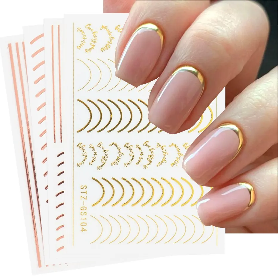 6pcs Nail Stickers 3D Striping Tape Line Nail Stickers Rose Gold Metal Letters Decals Curved Strips Nails Art Sliders Manicure Decors