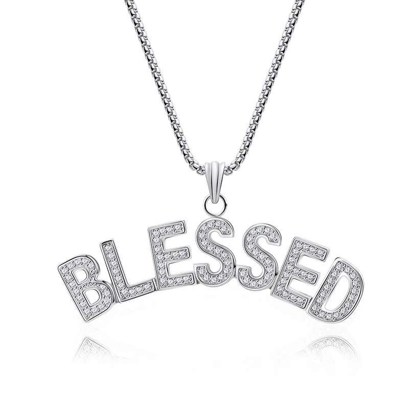 

Dazzling Hiphop Brass Full Crystal Letter Blessed Pendant Necklace 70cm Copper Sweater Chain Nightclub Party Street Rocker Gift