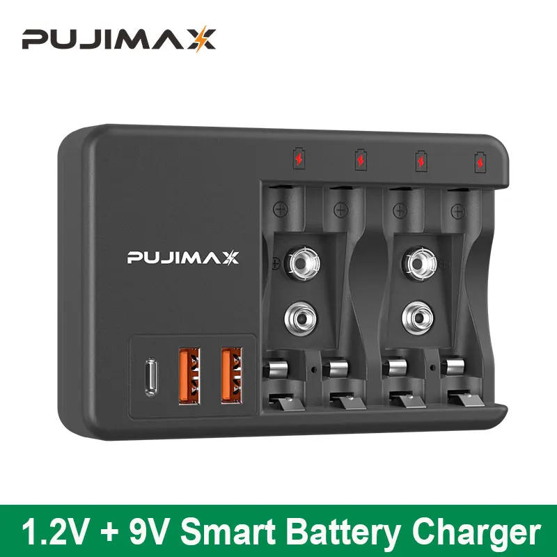 

PUJIMAX AA/AAA 4-Slot Ni-MH/Ni-Cd Rechargeable Charger With 9V Li-ion Multifunctional Battery Charger