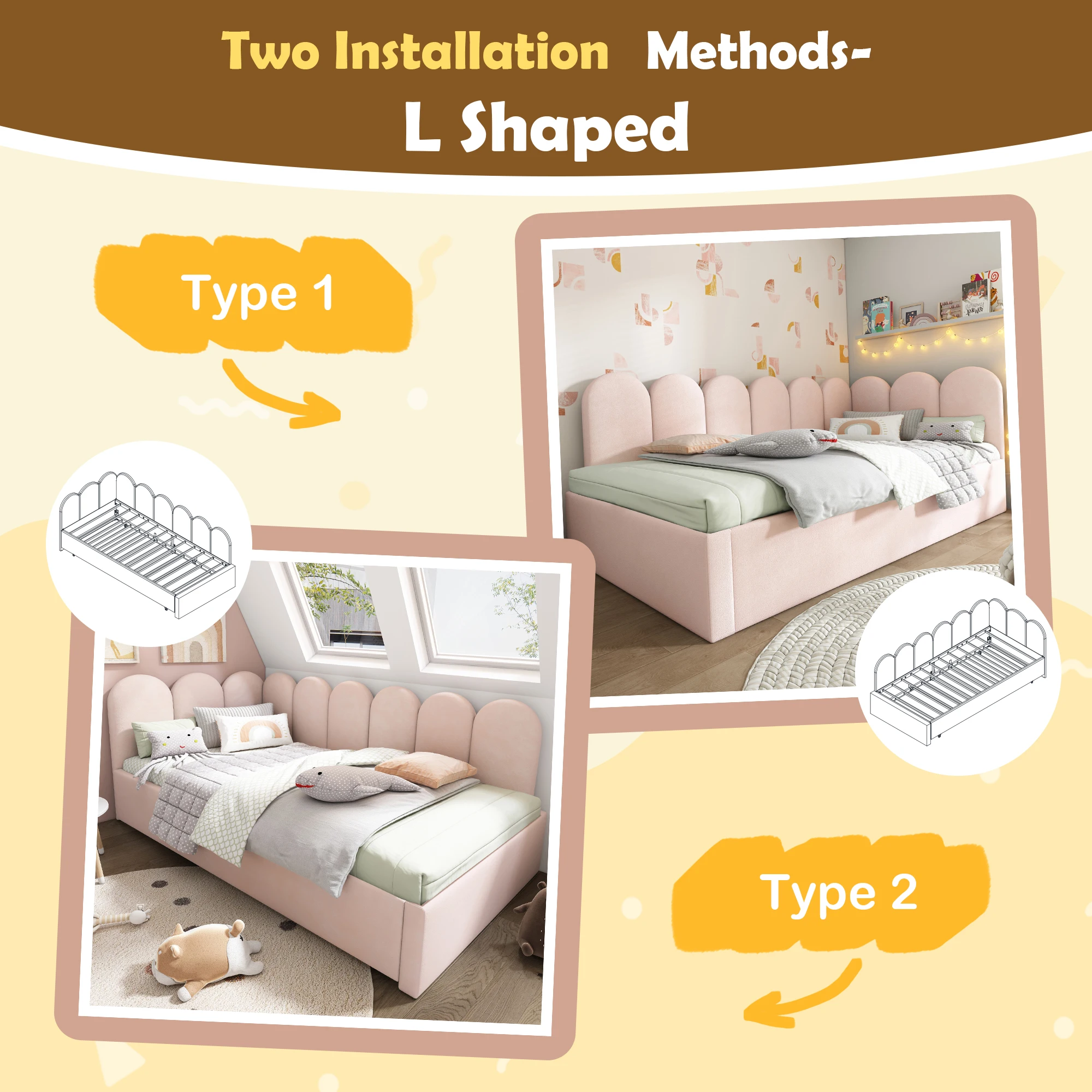 Schlafsofa 90x200cm, Ausziehbares Tagesbett 90x190cm, Kinderbett, Samt Rosa, Lattenrost, ohne Matratze – Detail 20
