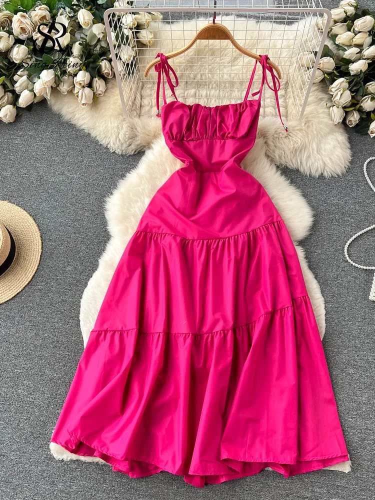 Singreiny Fashion Chic Long A Line Dress Strap Lace Up Backless Ruched