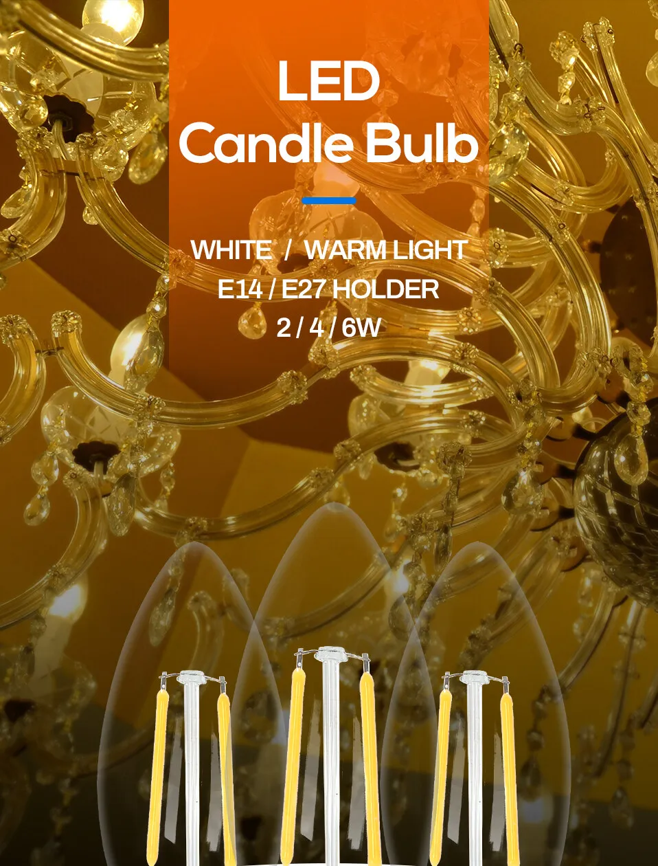 Description Picture 2 of itemDimmable E14 LED Filament Bulb Edison Retro Candle Light 4W/6W Warm/Cold White AC220-240V 360 Degree C35 Chandelier Lamp