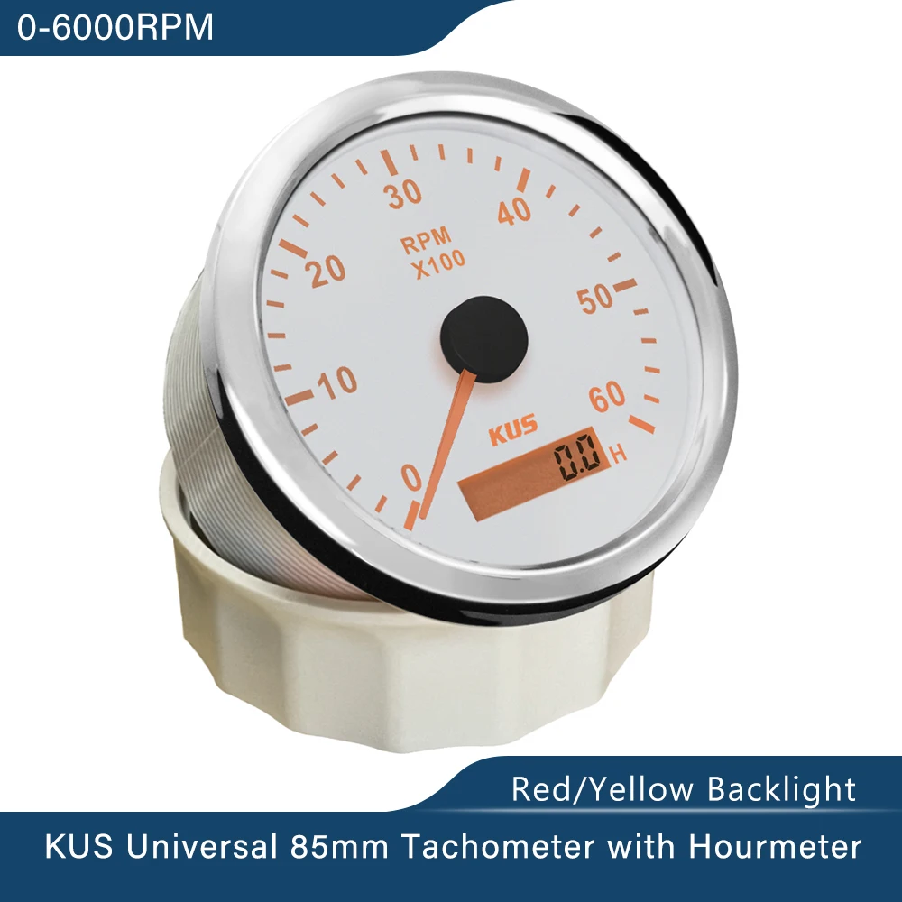 KUS 85mm Tachometer RPM Gauge with Hour Meter 0-3000 RPM 0-4000 RPM 0-6000 RPM 0-8000 RPM 12V/24V with Backlight for Car Boat