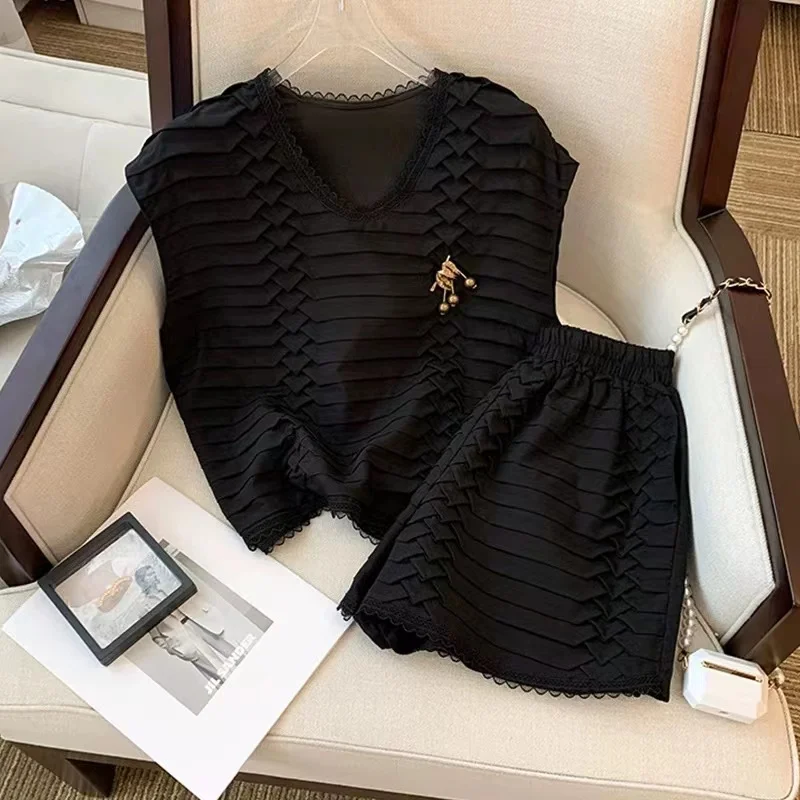 

High Quality Vintage Classic Short Suit Women 2023 Summer Short Sleeve Tops High Waist Shorts Two Piece Set Streetwea Korea