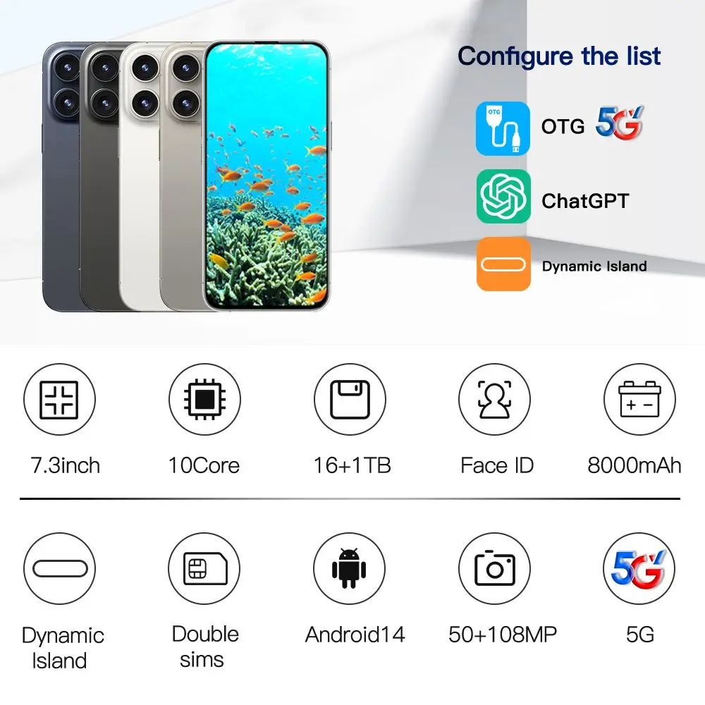 브랜드 스마트폰용 오리지널 풀 스크린 휴대폰 글로벌 버전, XS15 프로 맥스, 4G, 5G, 7800mAh, 7.3 인치, 신제품
