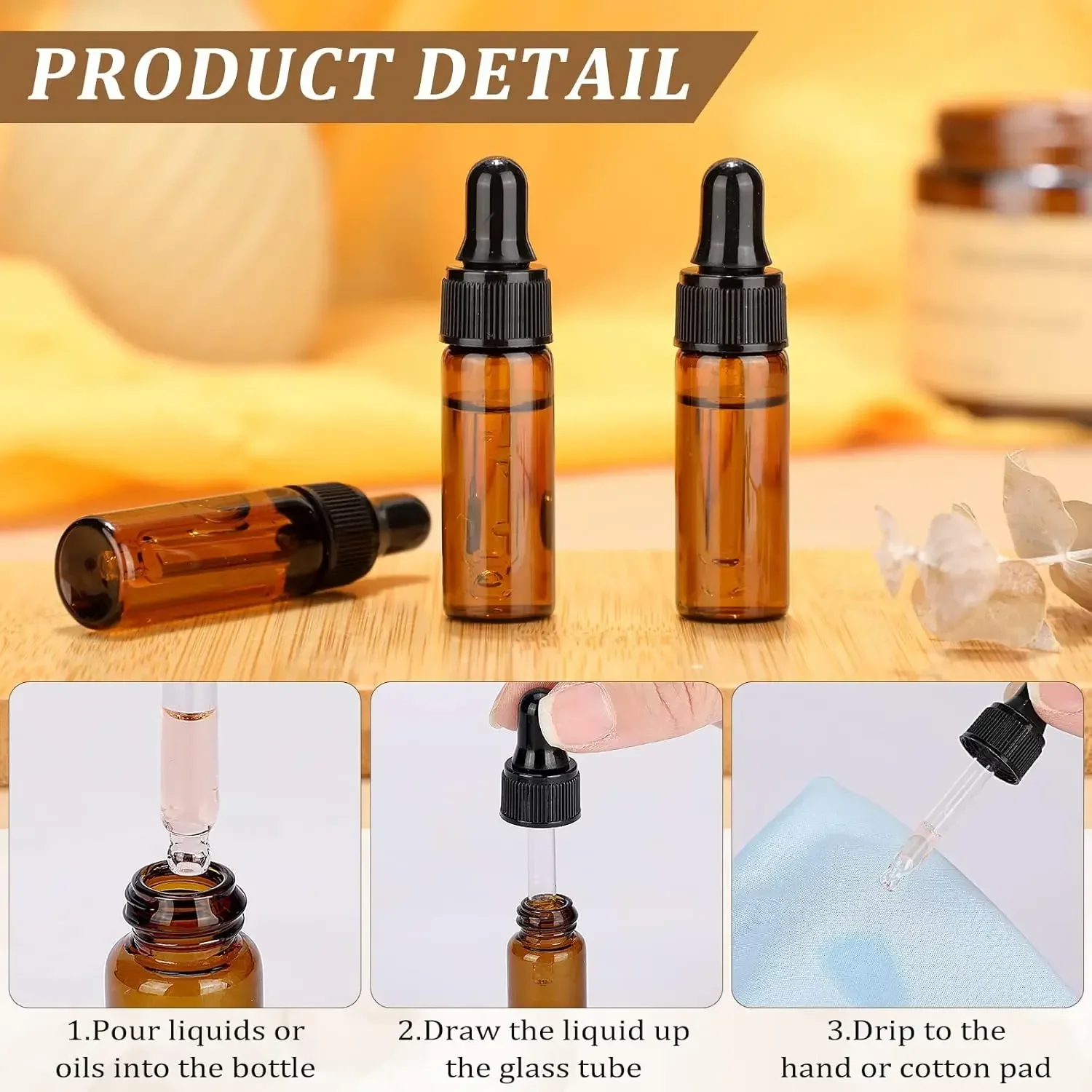 5Pcs 1-10ml Glass Dropper Bottles Mini Essential Oil Perfume Sample Containers Amber Chemical Dispenser Travel Dropper Vials