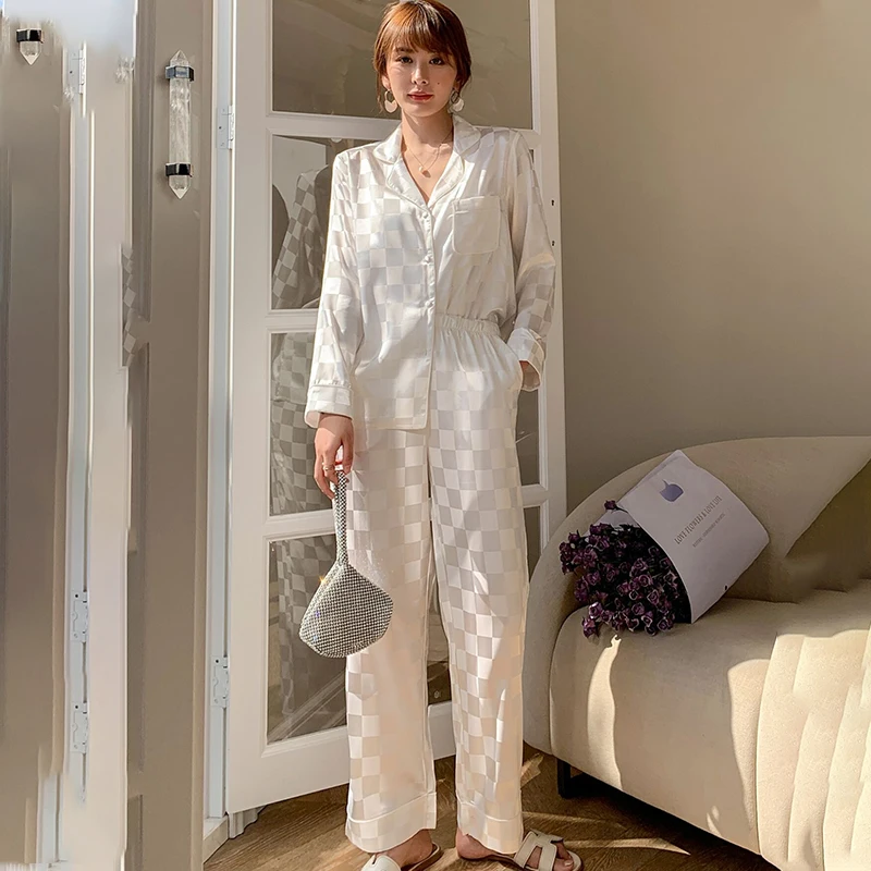 Women's Pajamas Set V Neck Design Luxury Plaid Design Print Sleepwear Silk Like 2XL  Home Clothes Nightwear Loungewear Female silk pajamas