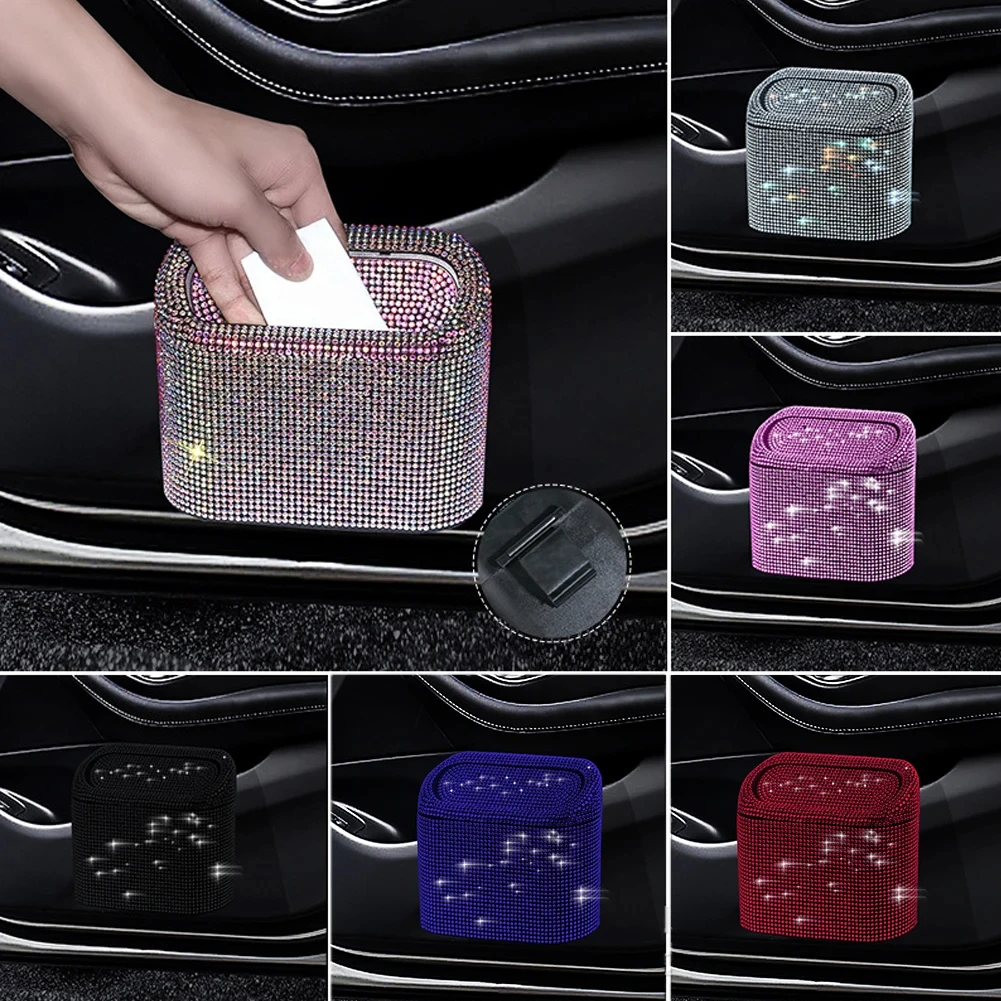 Car Trash Can Glitter Storage Box Garbage Grabber Bling Rhinestone Door Bin Interior Accessories