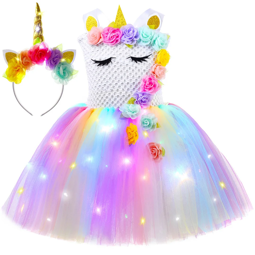 Girls Dress princess costume kids clothes Led Light Unicorn Costumes for Girls Birthday Christmas Outfit