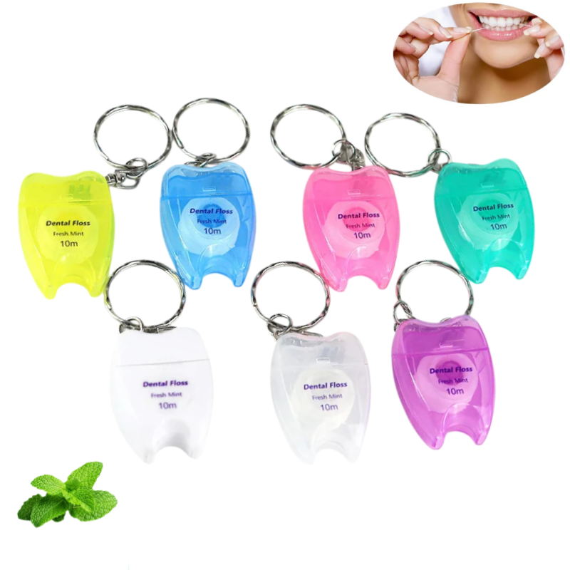  10pcs 10M Dental Floss Keychain Mint Flavored Tooth-Shaped Design Random Color Portable Floss Oral Hygiene Cleaning Tool 