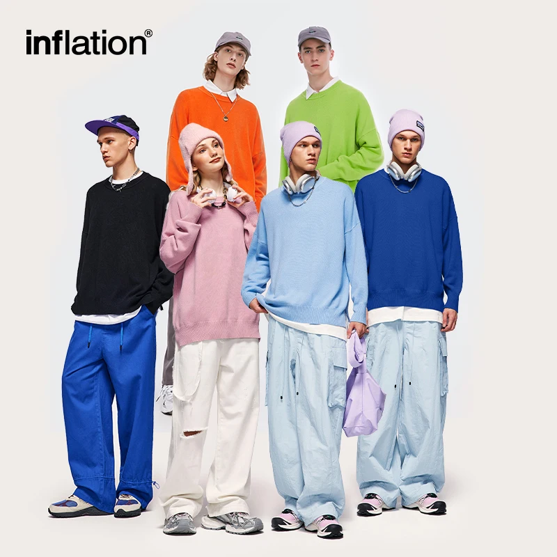 INFLATION Trendy Oversized Knitwear Sweaters Unisex Candy Color Round Neck Knit Sweaters Mens Warm Pullovers Plus Size