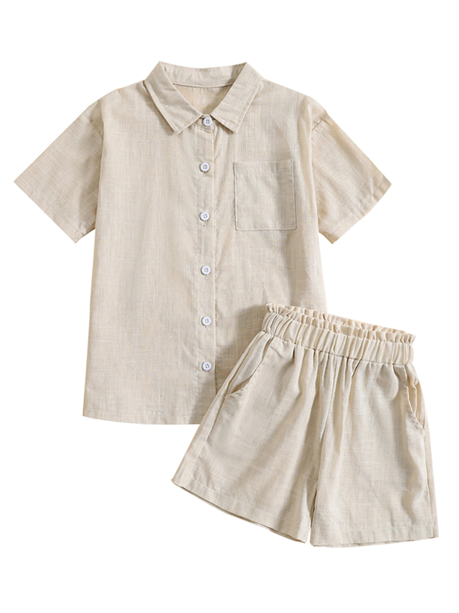 

7-16years Teens Girls 2pcs Shorts Sets Short Sleeve Lapel Shirt Tops Solid Color Shorts Sets Summer Outfits For Children Girls