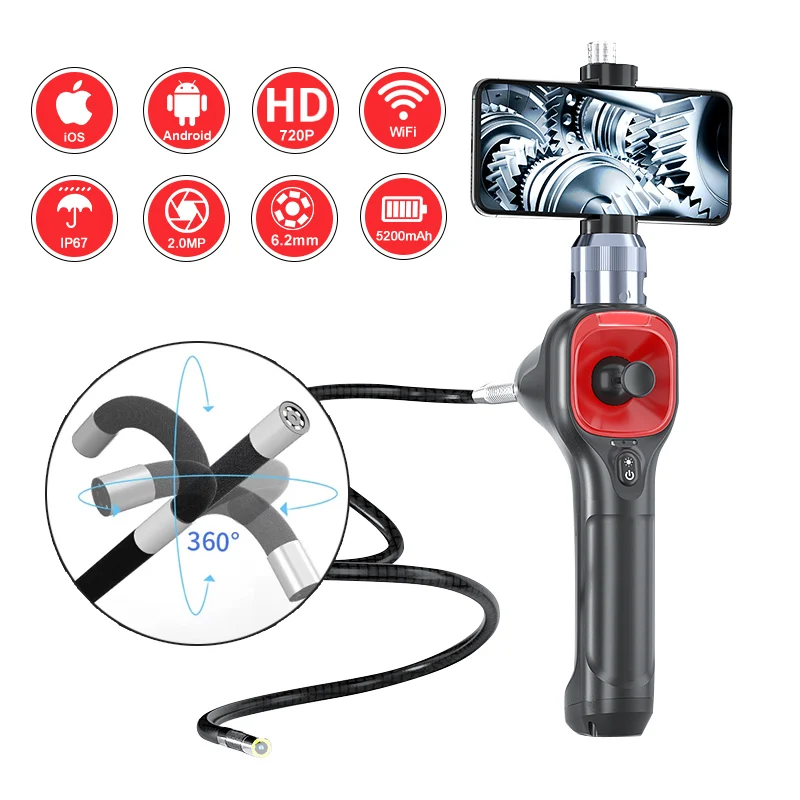 

360°Joystick Articulating Borescope 6.2mm IP67 Waterproof Probe 4 Ways Endoscope Inspection Camera with 6 LED For Snake Tube
