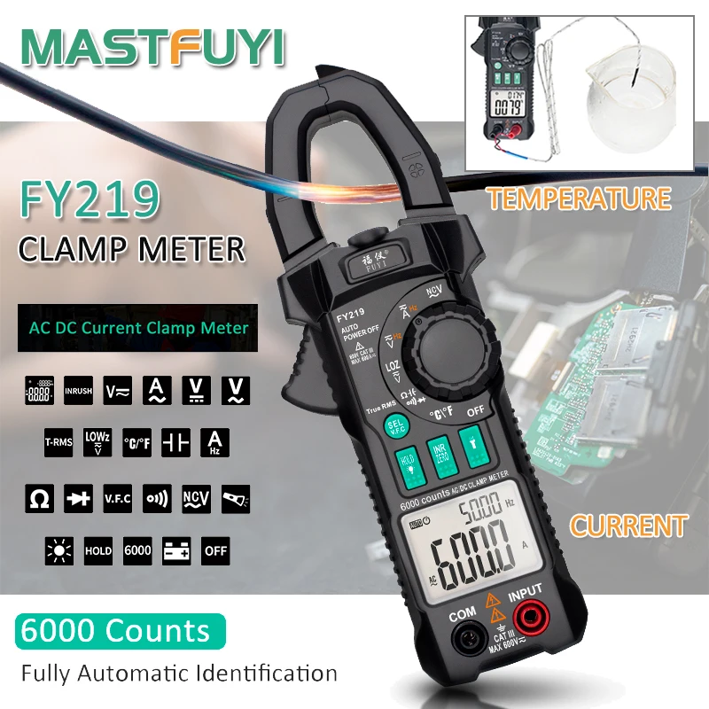 

Mastfuyi FY219 AC DC Current Digital Clamp Meters High Precision Multimeter True RMS Auto Range VFC Capacitance NVC Universal