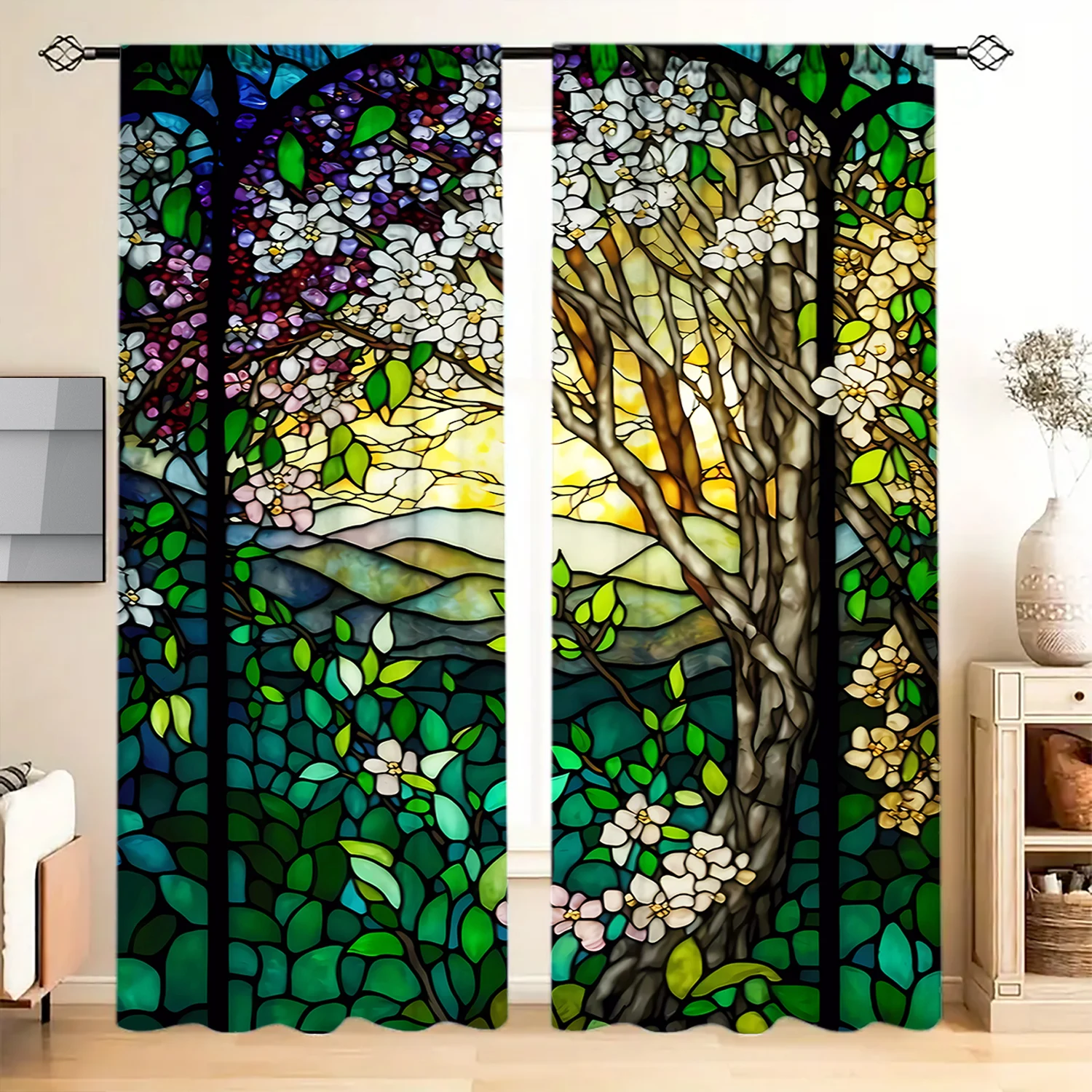 2pcs tained Glass Tree Window Printed Curtain for Home Decor - Rod Pocket Window Treatment for Bedroom, Office, Kitchen 5