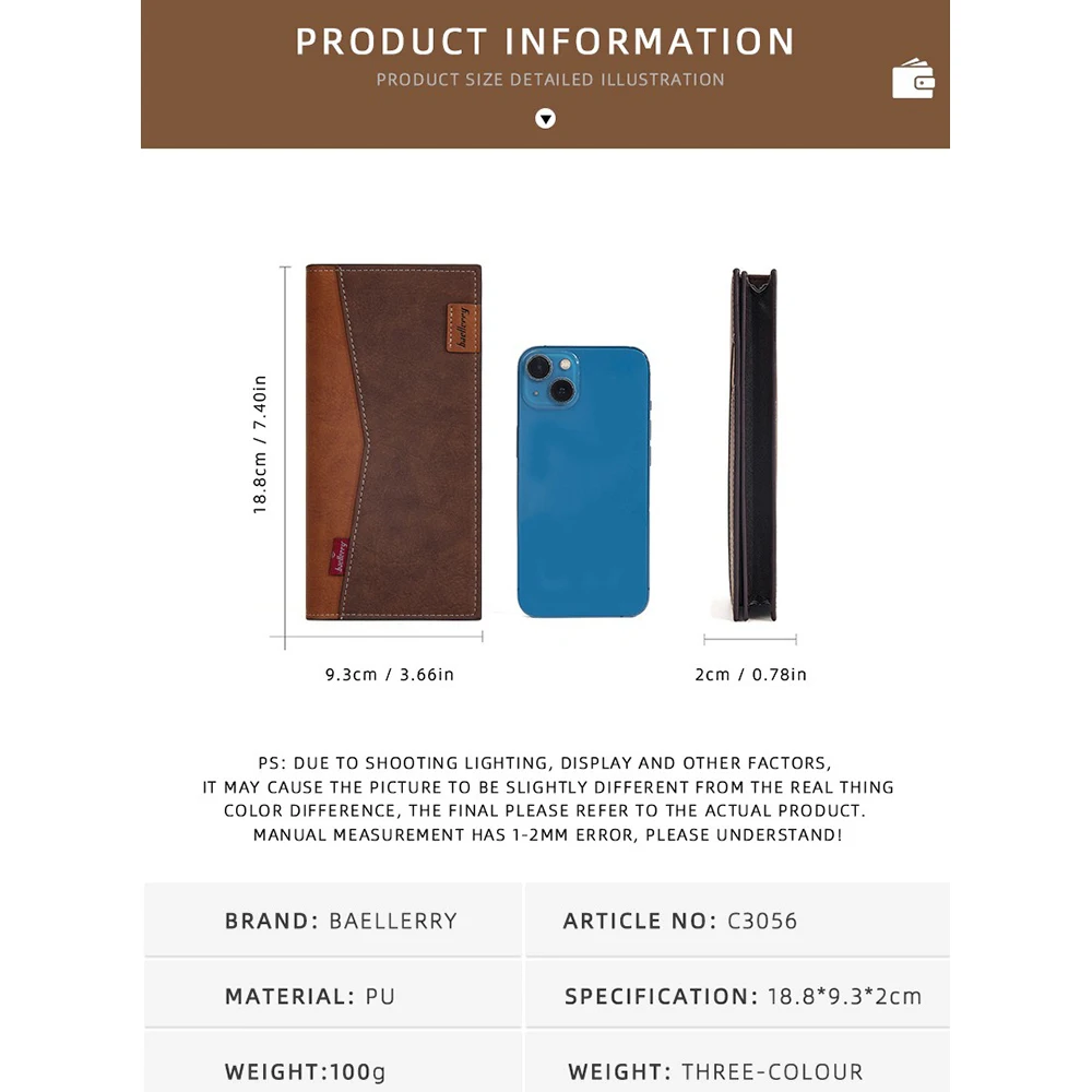 Baellerry Men's Long RFID Wallet PU Leather, Anti-Skimming Bifold with 12+ Card Slots & Zipper Pocket