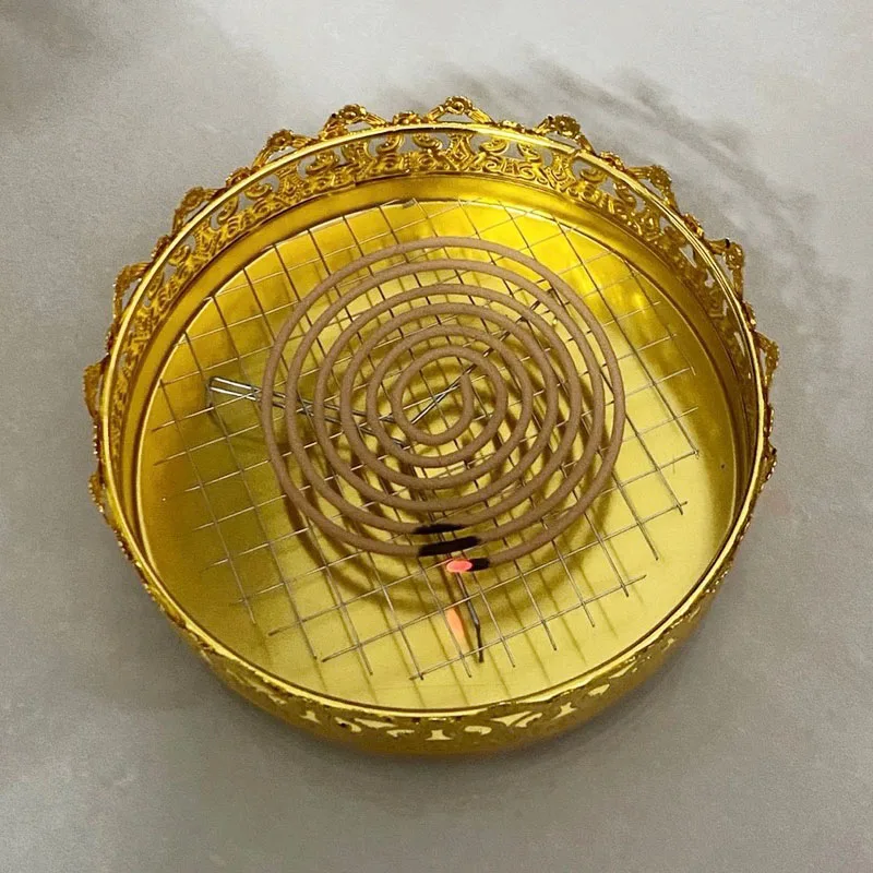 Metal Mosquito Incense Plate with Cover Ash Fly Prevention, Fireproof, Sandalwood, Stove Tray, Household, Gold, Silver, New, 1Pc