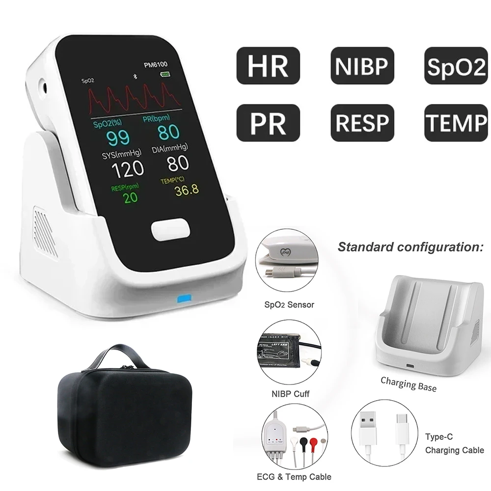 Handheld Patient Monitor 6 Parameter Link PC or Phone ECG NIBP PR SpO2 TEMP Vital Signs Monitor Medical Equipment