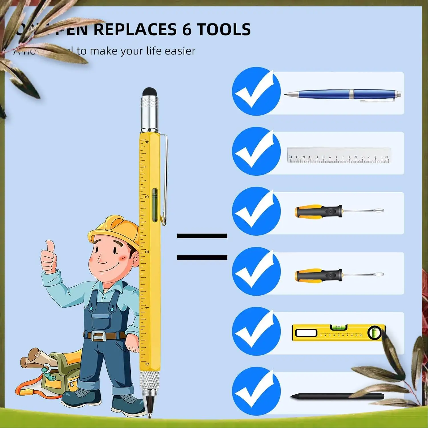 새로운 멀티툴 펜 멋진 가제트, 스타일러스가 포함된 참신한 펜, 레벨, 눈금자, 드라이버, 아빠 남편을 위한 생일 선물 노란색 Dura