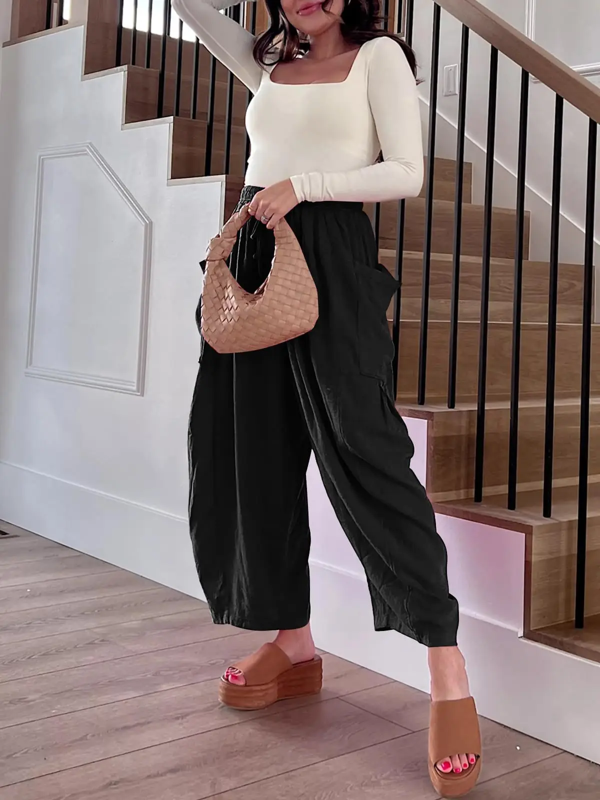 Women's Pants For High Waist Loose Cotton Linen Sweatpant Drawstring Pocket Elastic Waist Pleated Wide Leg Casual Solid Trousers