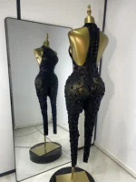 Women Rhinestones Sequines Mesh Bodycon Jumpsuits Sexy Special Occassion Nightclub DJ Dancer Stage Costumes Evening Club Dress - Image 3