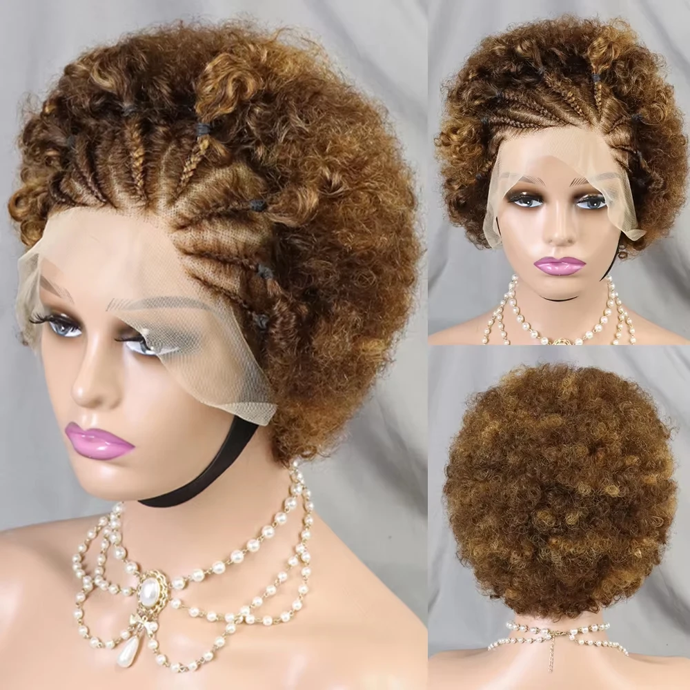 Highlight Ombre Braided Wigs Human Hair Afro Puff Lace Frontal Hair Wigs Afro KinkyCurly Human Hair 13x4 Lace Front Pre Braided
